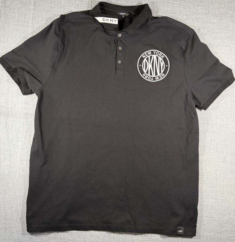 DKNY New York Logo Henley Shirt Mens L Black Graphic Short Sleeve Tee Preppy